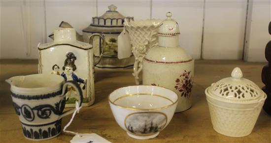 Prattware tea caddy (lacks cover), Castleford-type teapot & cream jug & 5 other items (8)